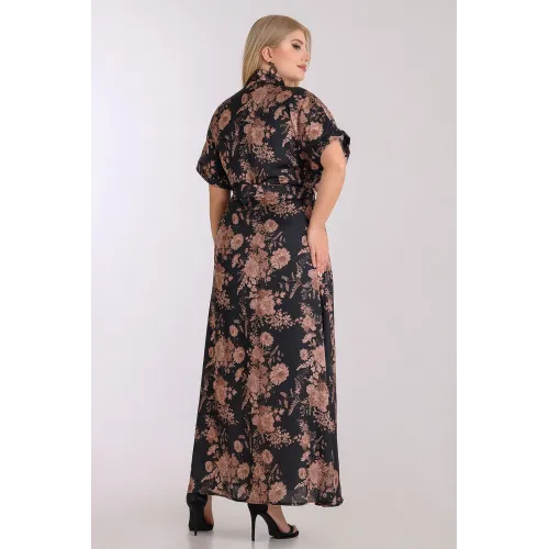 Plus Size Φόρεμα Σατέν Σεμιζιέ Μαύρο Καφέ