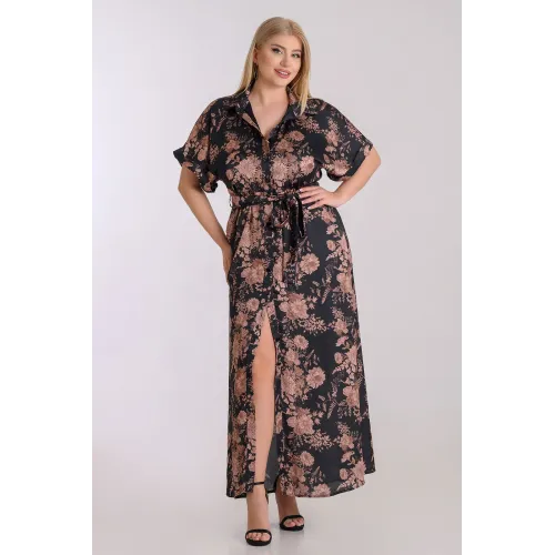 Plus Size Φόρεμα Σατέν Σεμιζιέ Μαύρο Καφέ