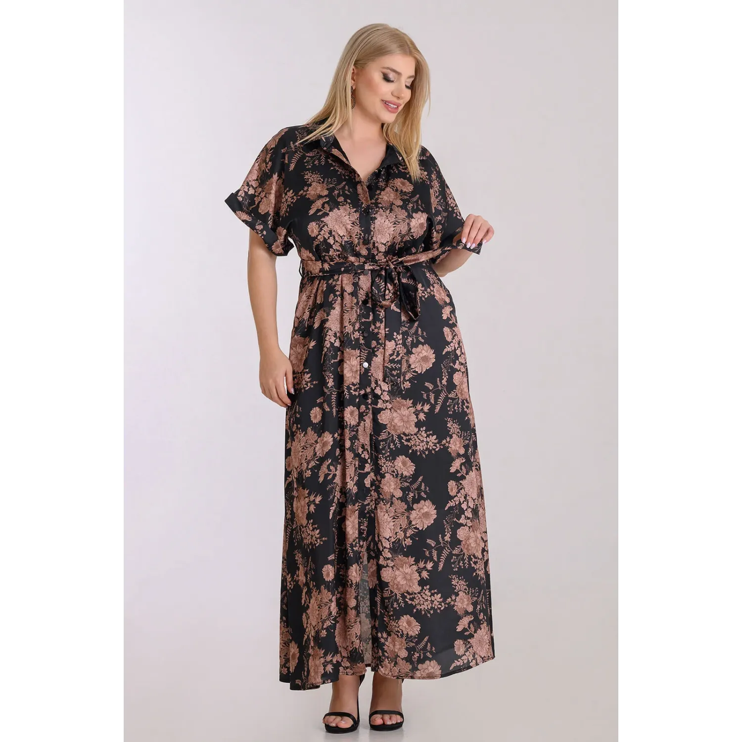 Plus Size Φόρεμα Σατέν Σεμιζιέ Μαύρο Καφέ