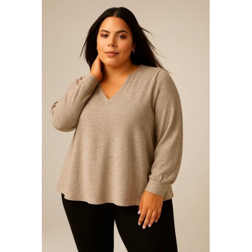 Plus Size Μπλούζα Basic Πλεκτή Μπεζ