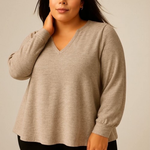 Plus Size Μπλούζα Basic Πλεκτή Μπεζ