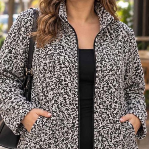 Plus Size Ζακέτα Bouclé με Φερμουάρ Γκρι Μαύρο