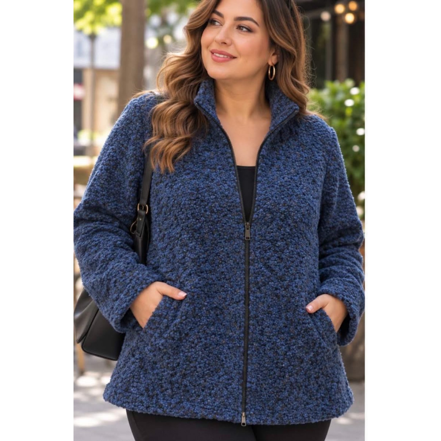 Plus Size Ζακέτα Bouclé με Φερμουάρ Μπλε Μαύρο