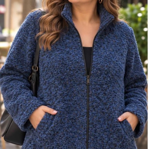Plus Size Ζακέτα Bouclé με Φερμουάρ Μπλε Μαύρο