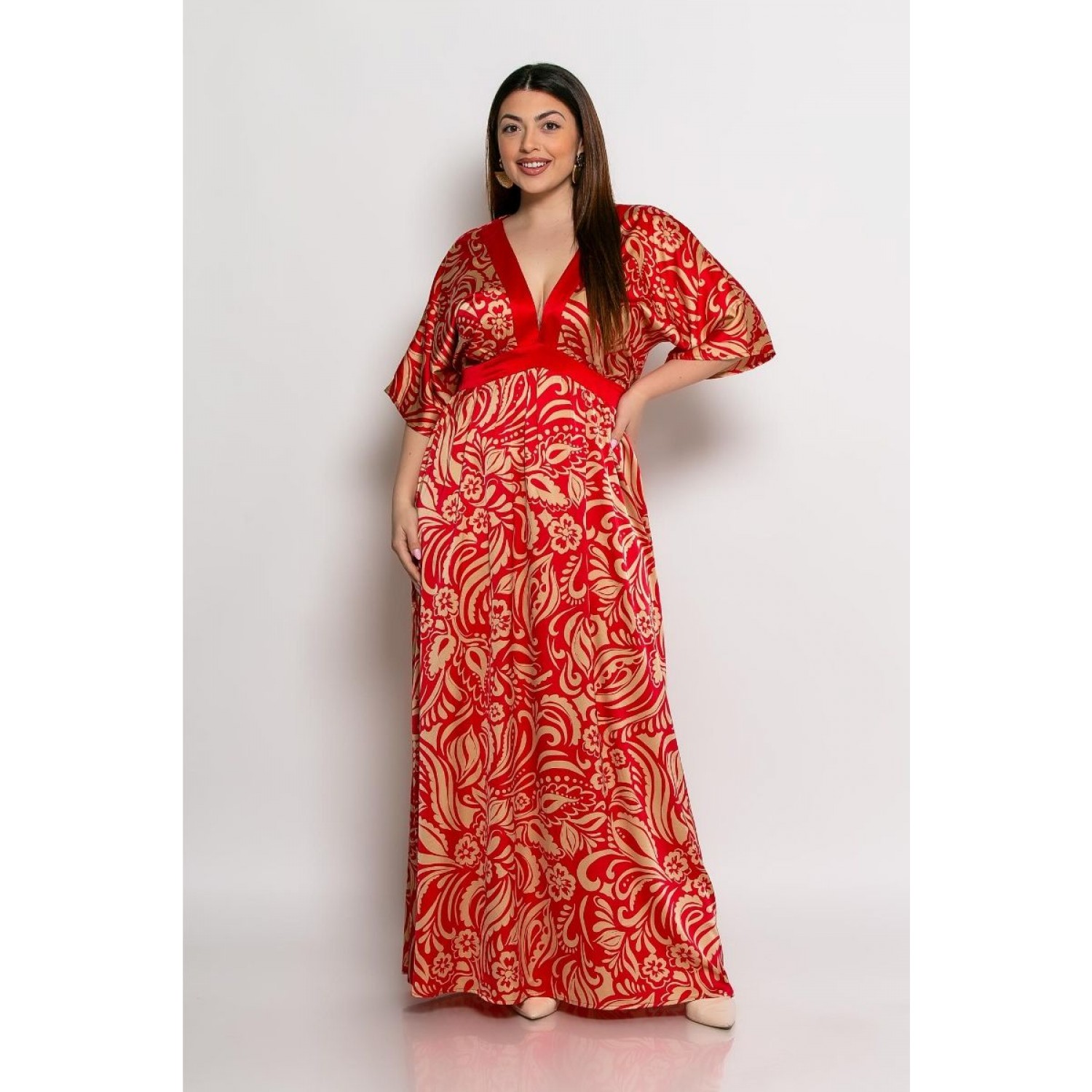 Plus Size Φόρεμα Σατέν Κόκκινο Μπεζ