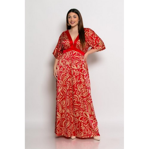 Plus Size Φόρεμα Σατέν Κόκκινο Μπεζ