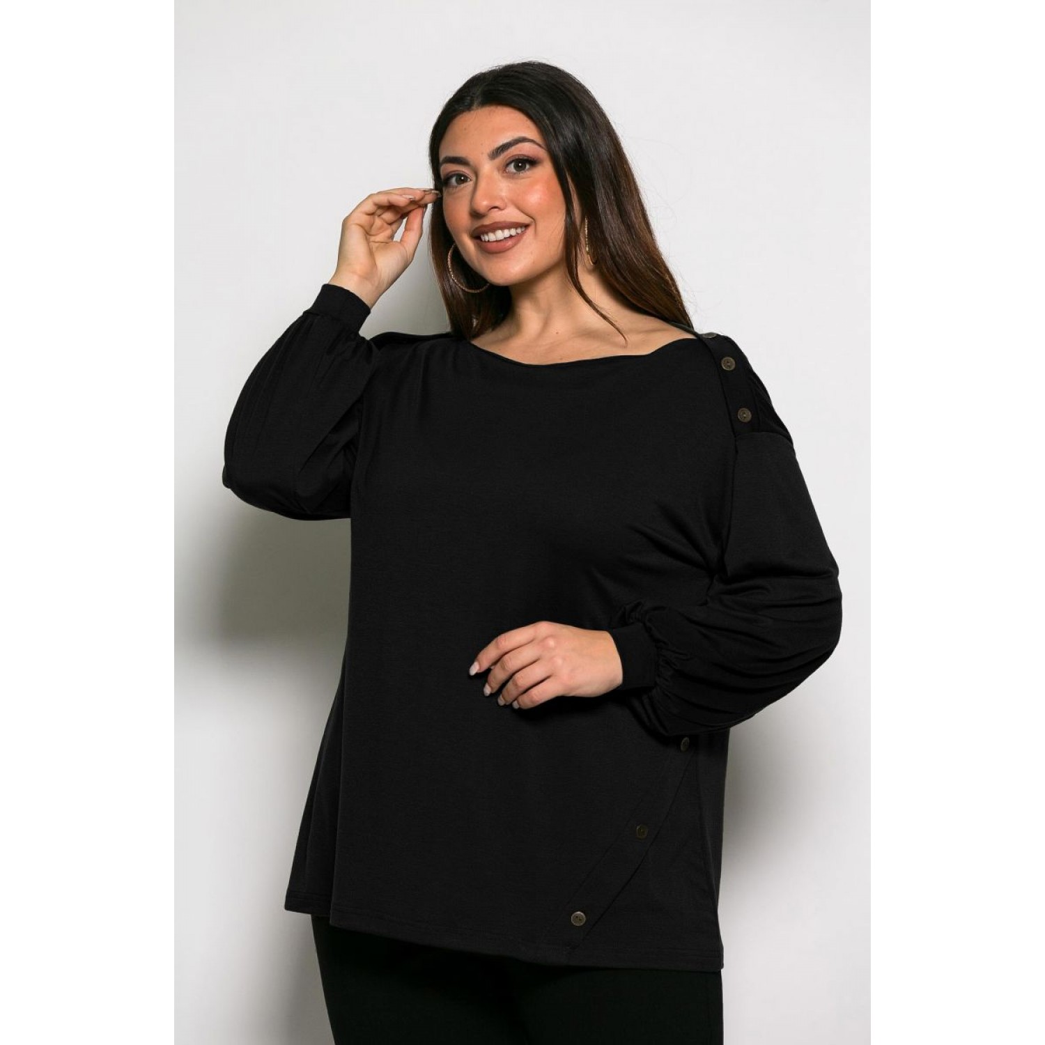 Plus Size Μπλούζα Με Κουμπιά Μαύρο