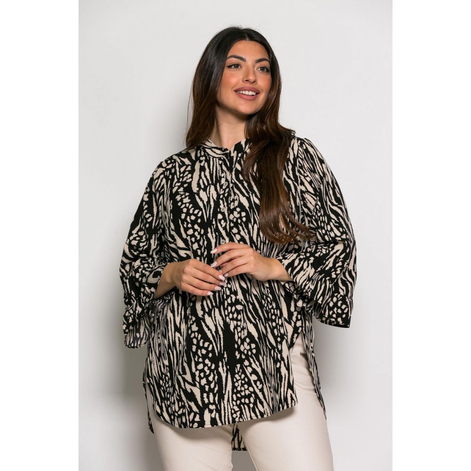 Plus Size Πουκαμίσα Μπλούζα Μαύρο Εκρού
