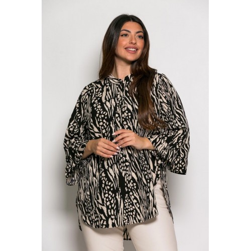 Plus Size Πουκαμίσα Μπλούζα Μαύρο Εκρού