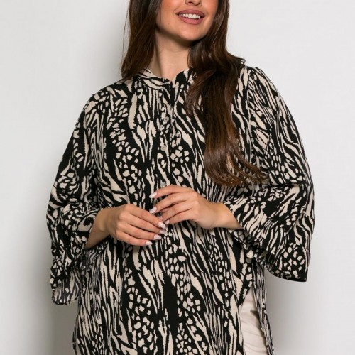 Plus Size Πουκαμίσα Μπλούζα Μαύρο Εκρού