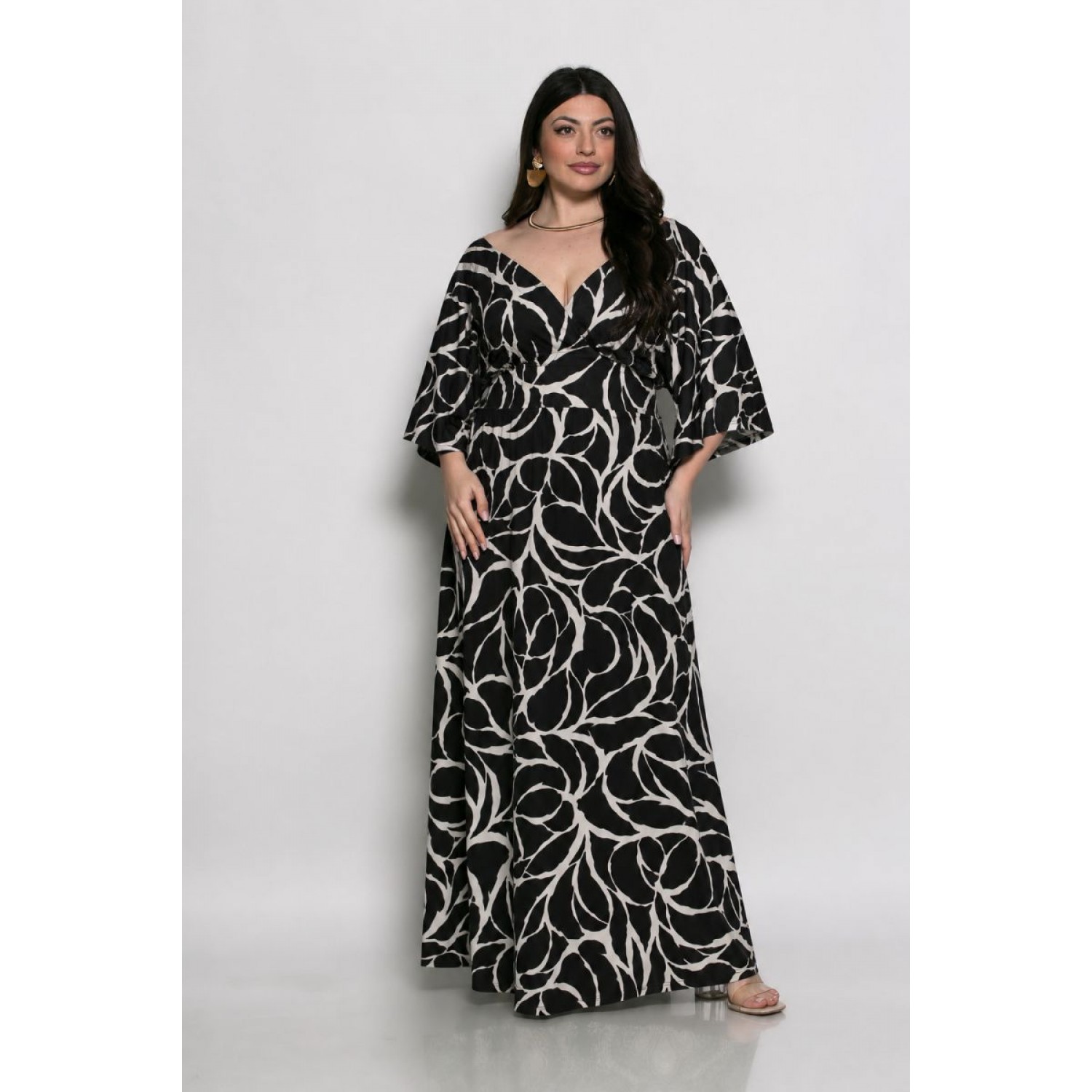 Plus Size Φόρεμα Ελαστικό Μαύρο Εκρού