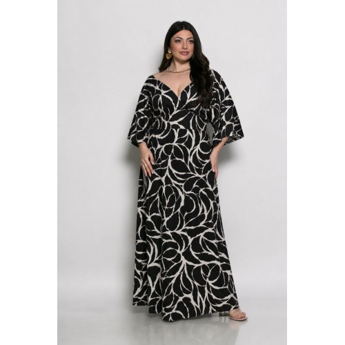 Plus Size Φόρεμα Ελαστικό Μαύρο Εκρού