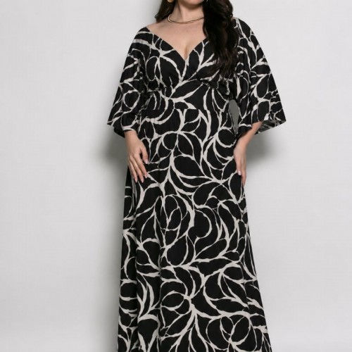 Plus Size Φόρεμα Ελαστικό Μαύρο Εκρού