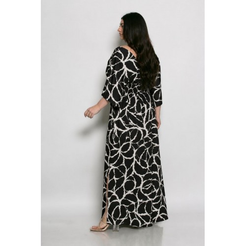 Plus Size Φόρεμα Ελαστικό Μαύρο Εκρού