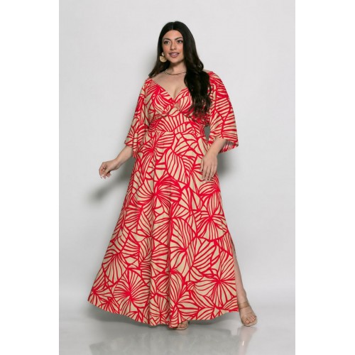 Plus Size Φόρεμα Ελαστικό Κόκκινο Μπεζ