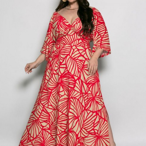 Plus Size Φόρεμα Ελαστικό Κόκκινο Μπεζ