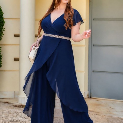 Plus Size Φόρμα Ολόσωμη Κρουαζέ Μπλε