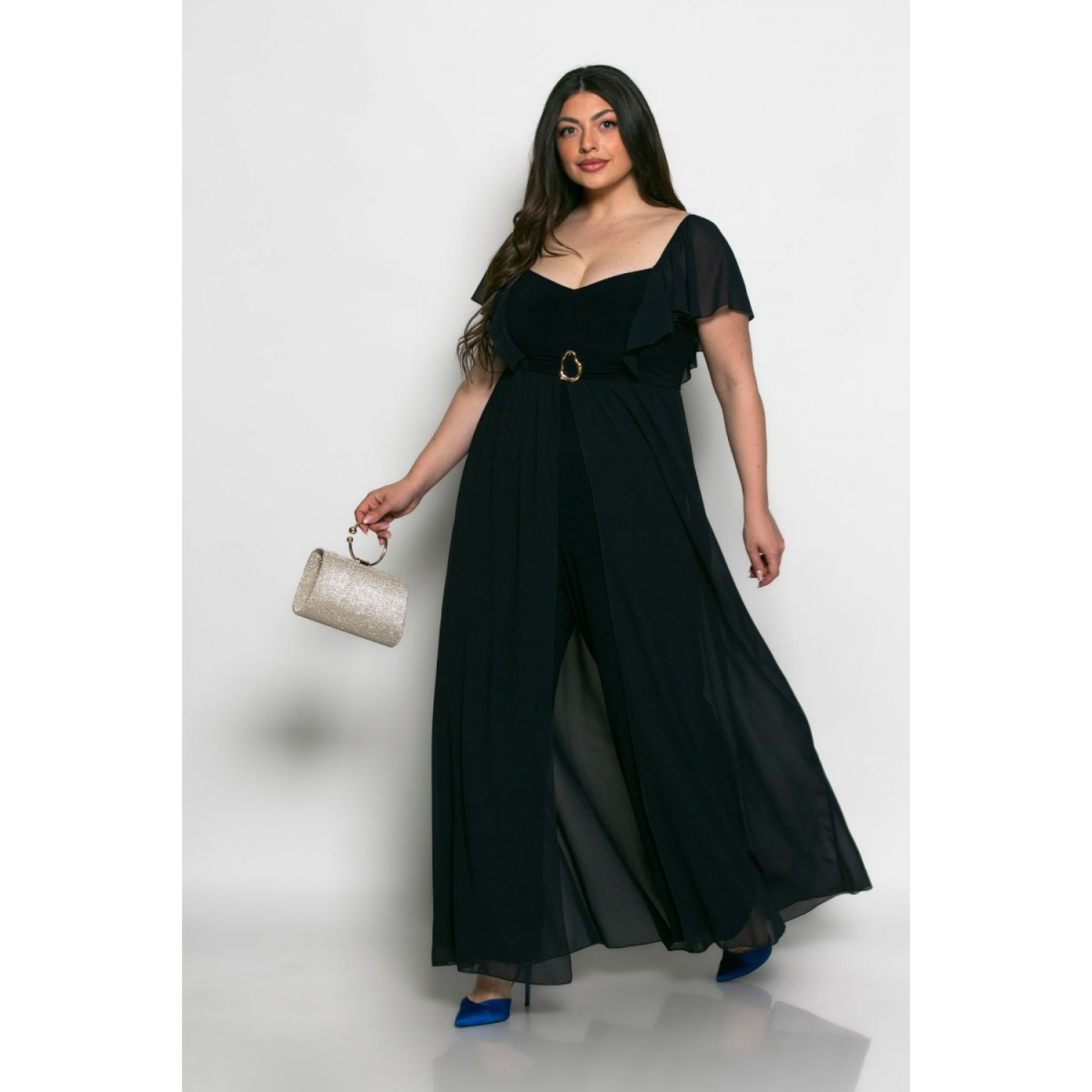 Plus Size Φόρμα Ολόσωμη Με Πέπλο Μπλε