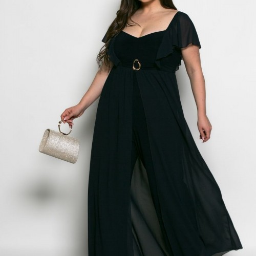 Plus Size Φόρμα Ολόσωμη Με Πέπλο Μπλε