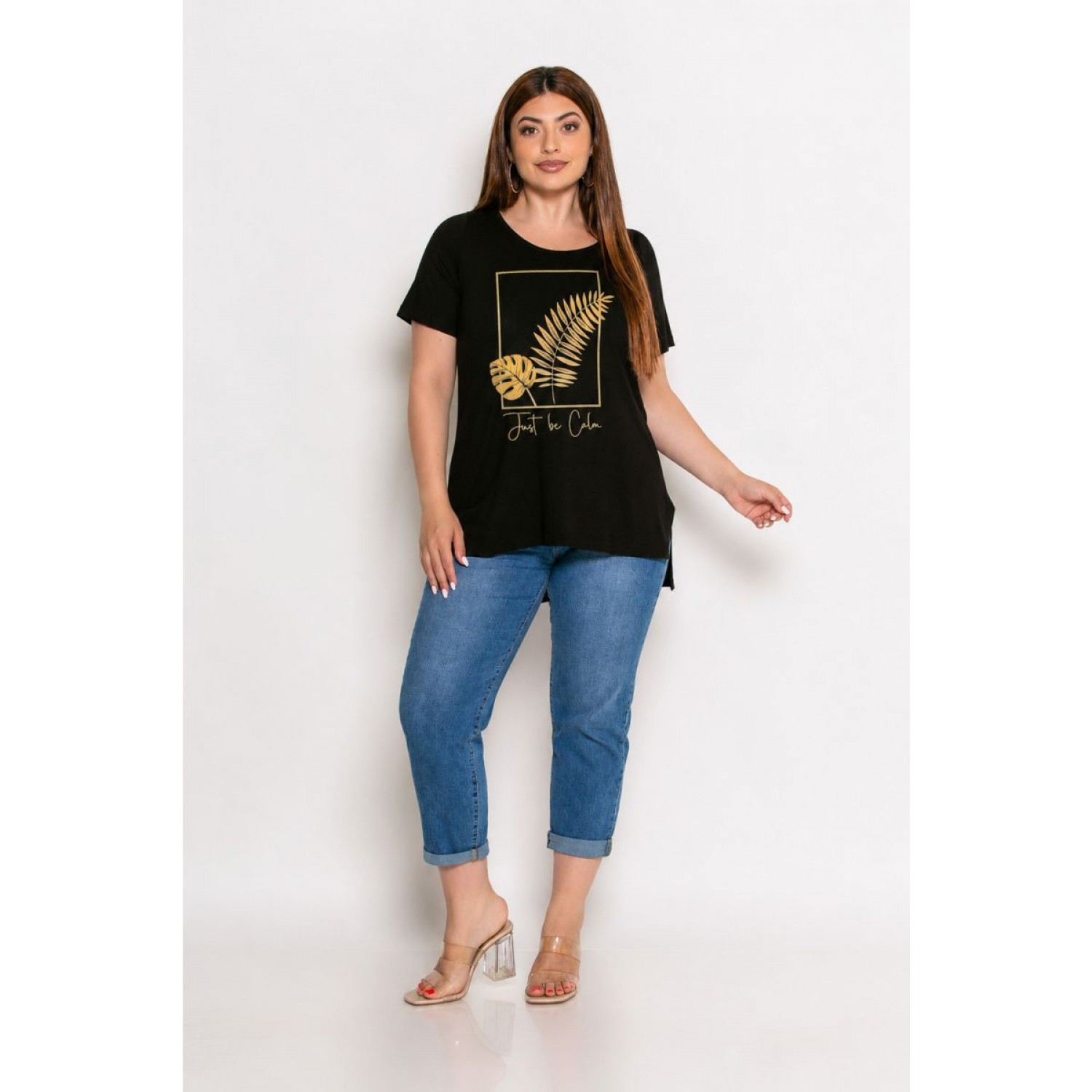 Plus Size Μπλούζα Με Στάμπα Μαύρο