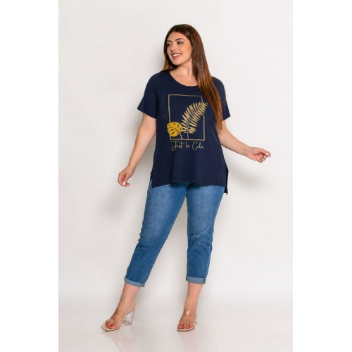 Plus Size Μπλούζα Με Στάμπα Μπλε