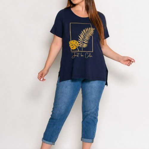 Plus Size Μπλούζα Με Στάμπα Μπλε