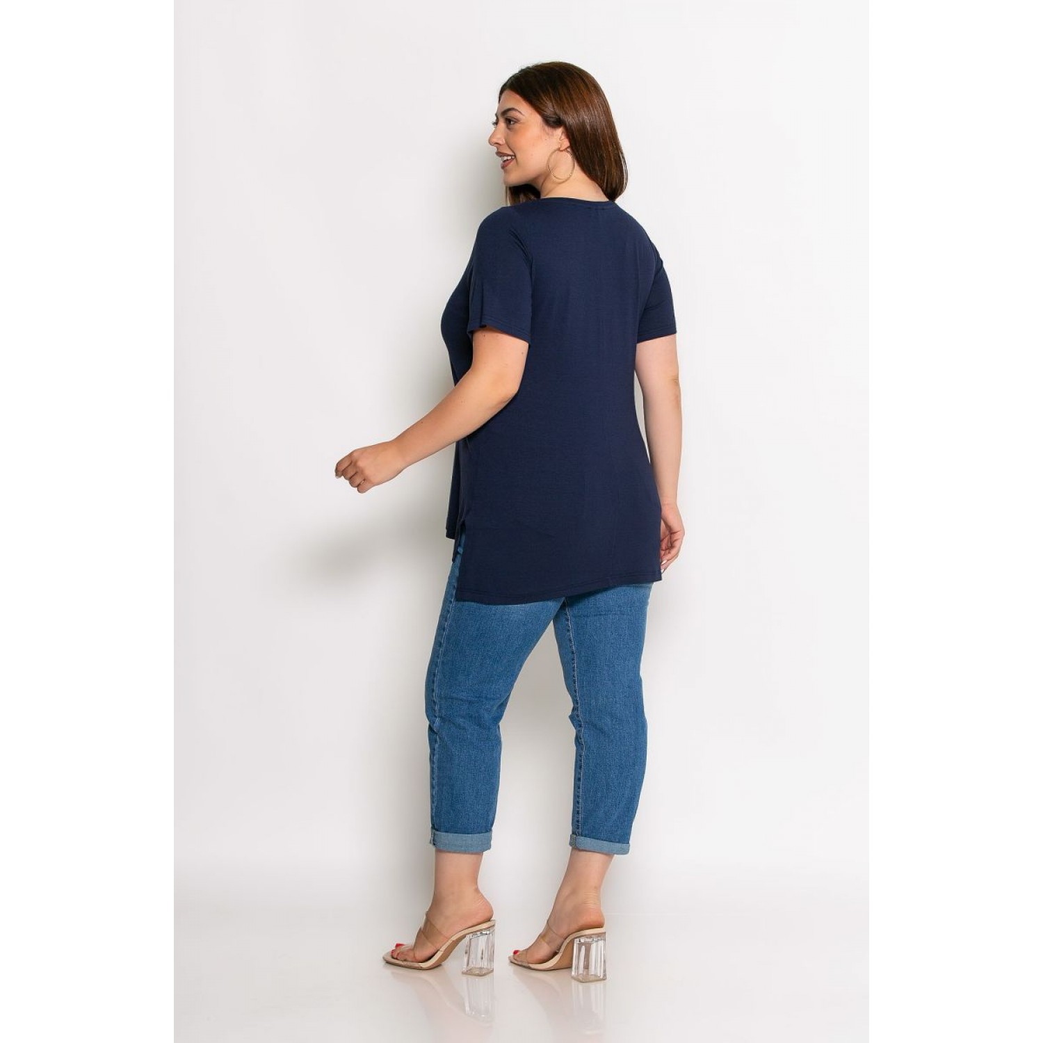 Plus Size Μπλούζα Με Στάμπα Μπλε