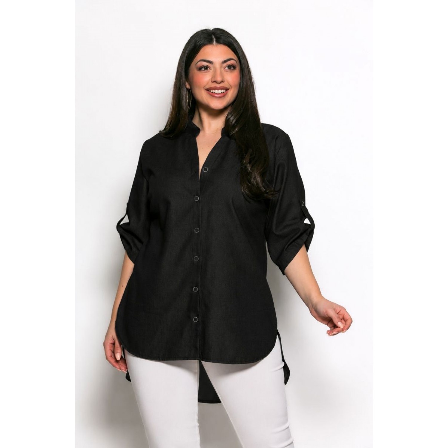 Plus Size Πουκάμισο Με Τρουακάρ Μανίκια Μαύρο
