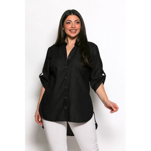 Plus Size Πουκάμισο Με Τρουακάρ Μανίκια Μαύρο