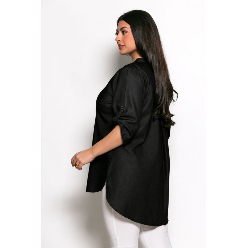 Plus Size Πουκάμισο Με Τρουακάρ Μανίκια Μαύρο