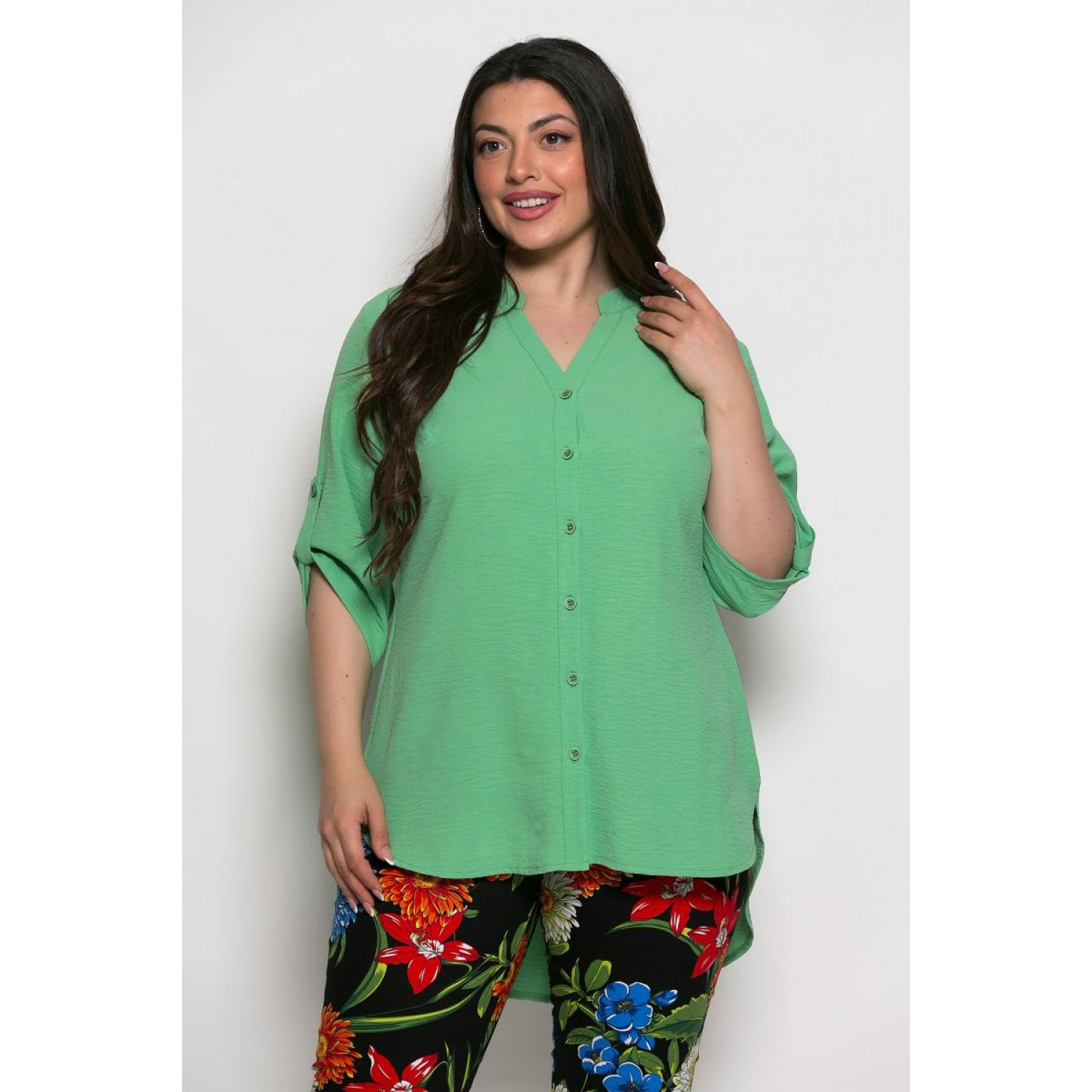 Plus Size Πουκάμισο Με Τρουακάρ Μανίκια Μέντα