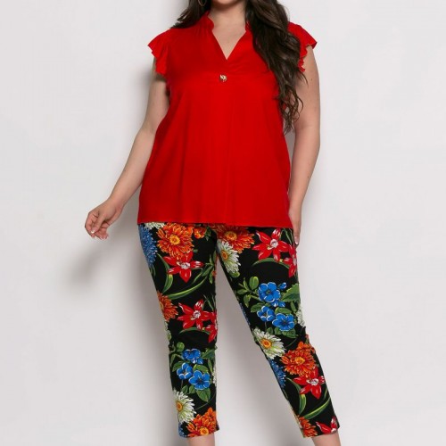 Plus Size Μπλούζα Minimal Detail Κόκκινο