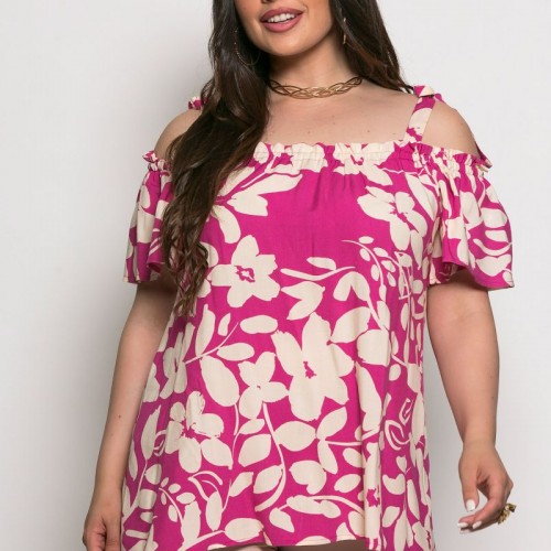 Plus Size Μπλούζα Με Έξω Ώμους Φούξια Λουλούδια