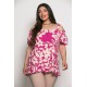Plus Size Μπλούζα Με Έξω Ώμους Φούξια Λουλούδια