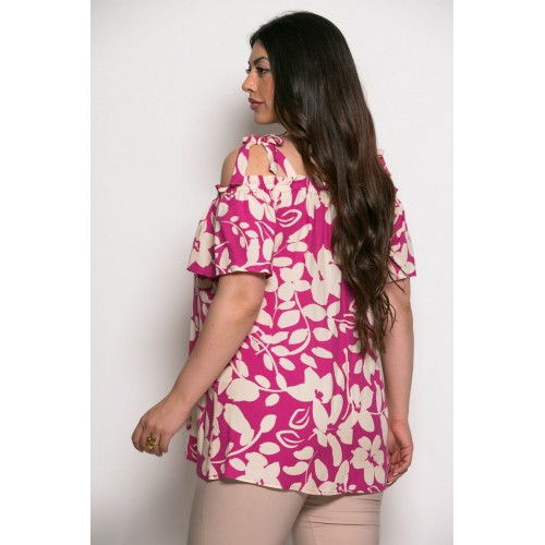 Plus Size Μπλούζα Με Έξω Ώμους Φούξια Λουλούδια