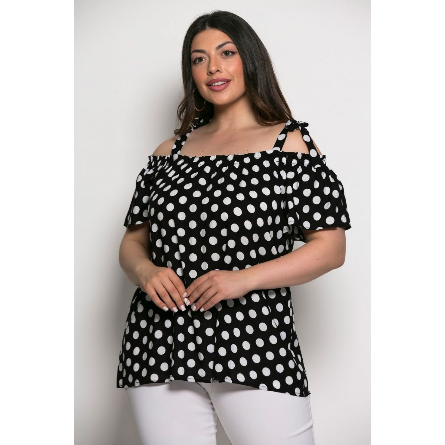 Plus Size Μπλούζα Με Έξω Ώμους Μαύρο Πουά