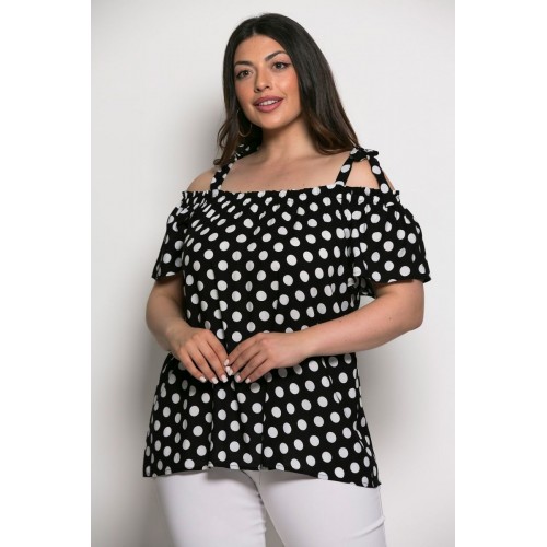 Plus Size Μπλούζα Με Έξω Ώμους Μαύρο Πουά