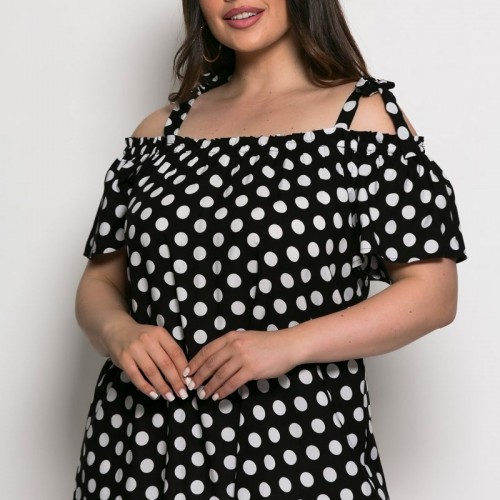Plus Size Μπλούζα Με Έξω Ώμους Μαύρο Πουά
