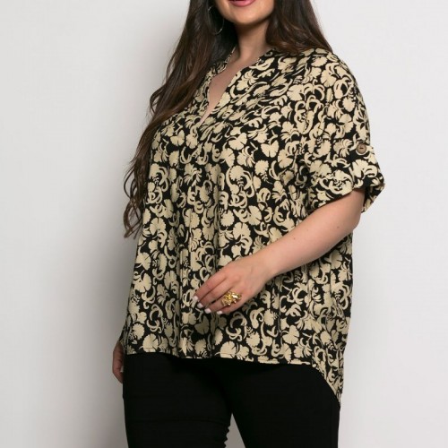 Plus Size Μπλούζα Oversized Μαύρο Μπεζ