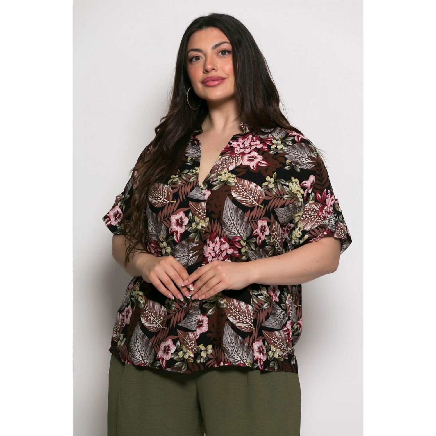 Plus Size Μπλούζα Oversized Καφέ Μαύρο