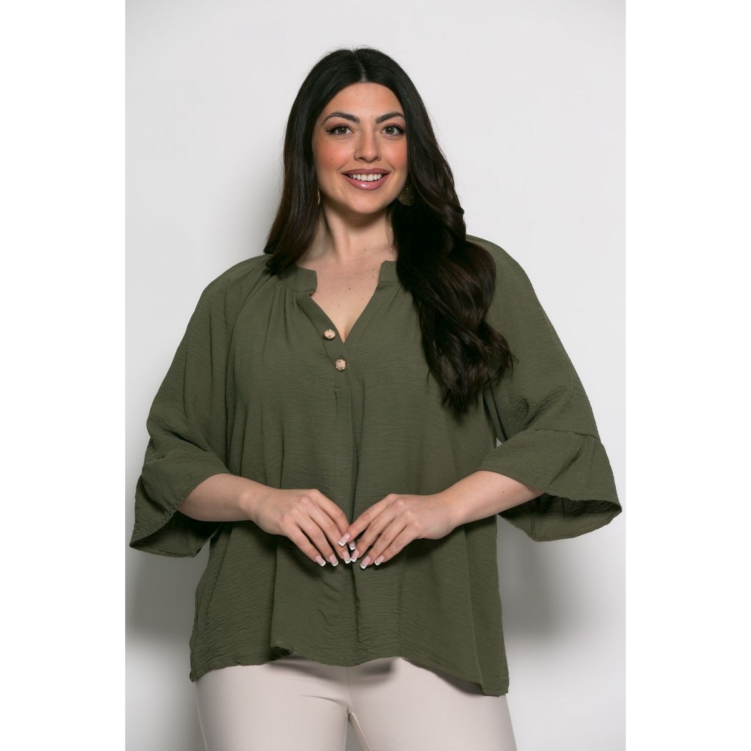 Mπλούζα Sara Oversized Με Τρουακάρ Μανίκια Χακί