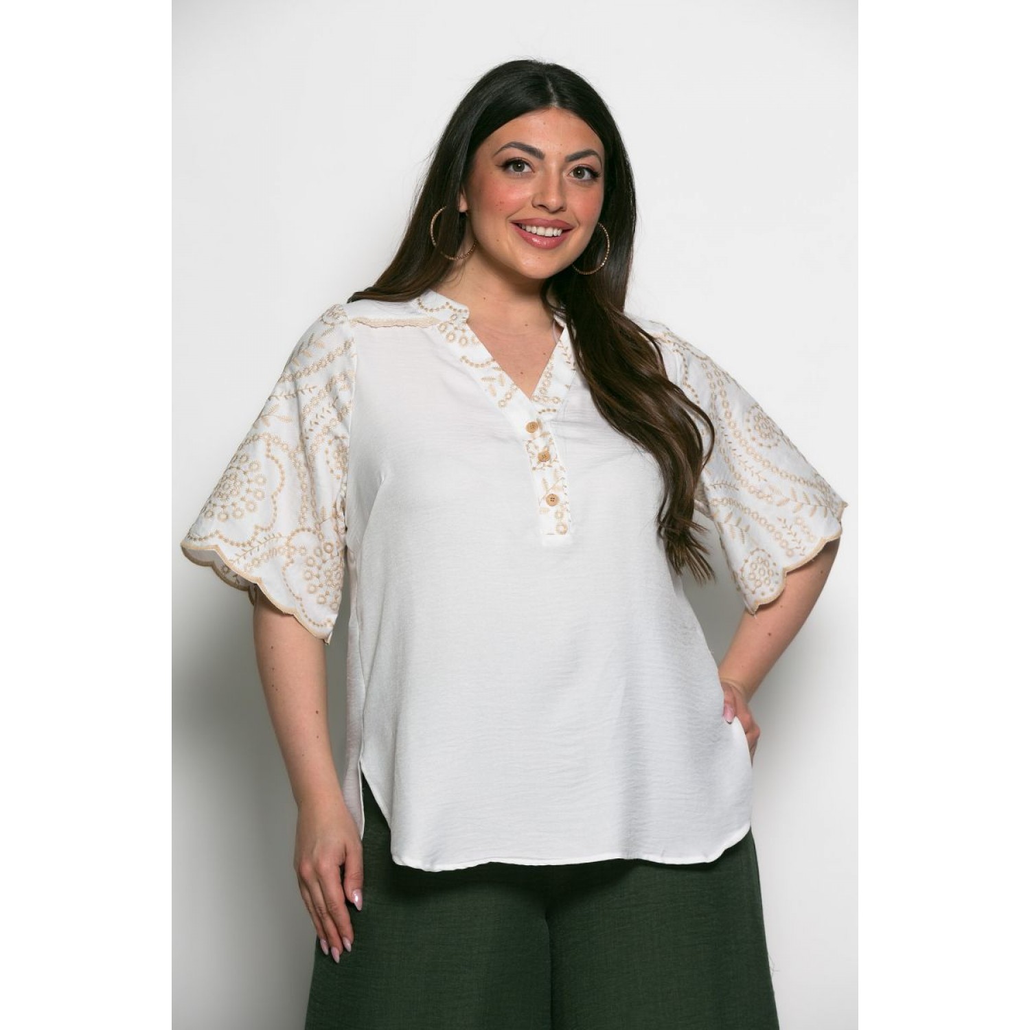 Plus Size Μπλούζα Με Κέντημα Εκρού