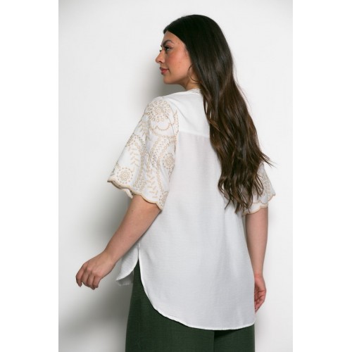 Plus Size Μπλούζα Με Κέντημα Εκρού