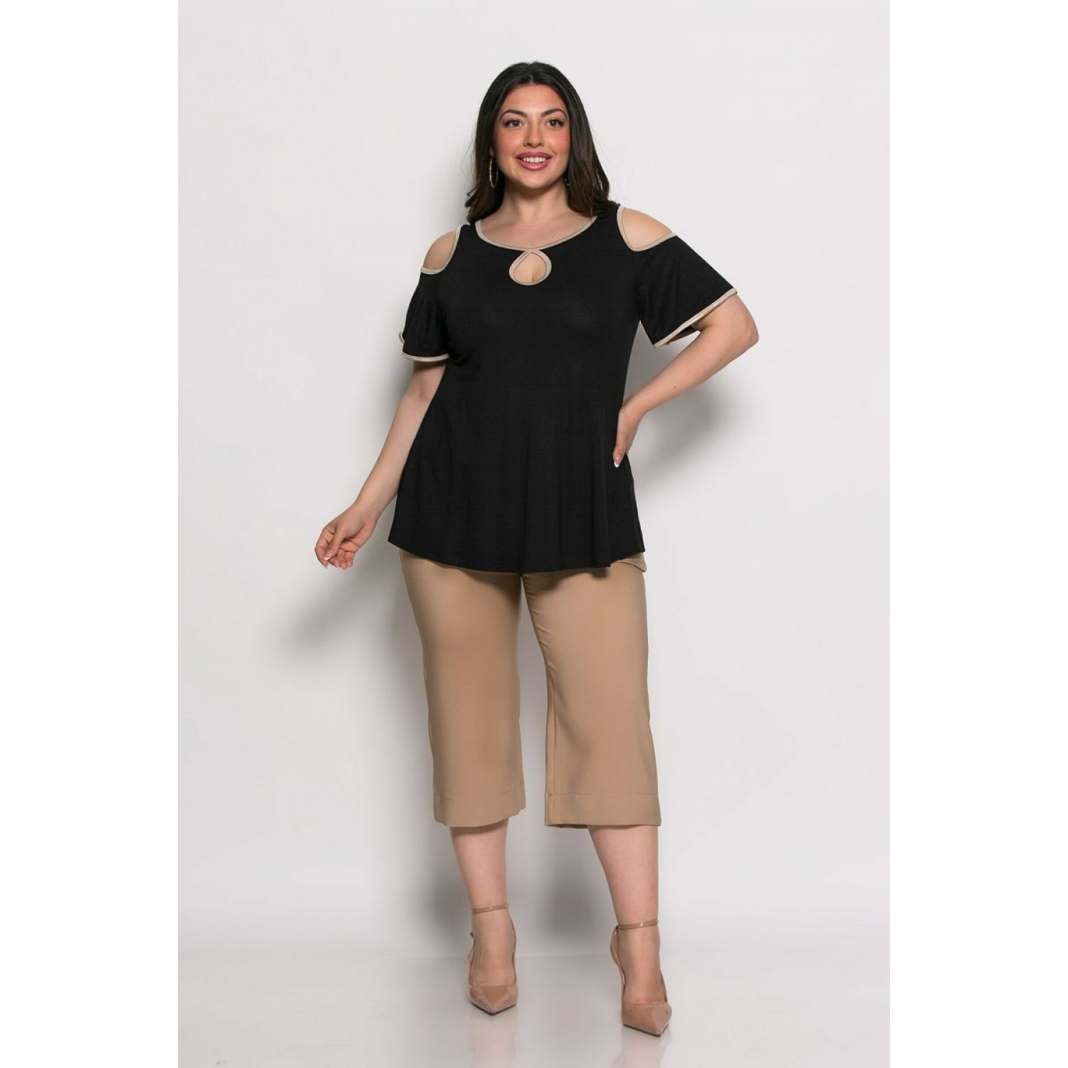 Plus Size Μπλούζα Illusion Μαύρο Χρυσό