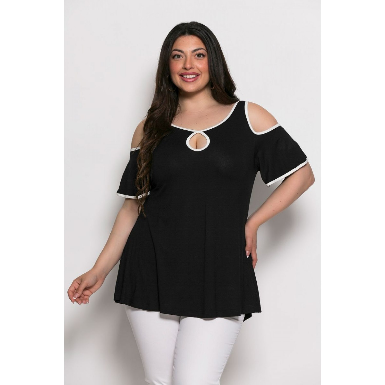 Plus Size Μπλούζα Illusion Μαύρο Εκρού