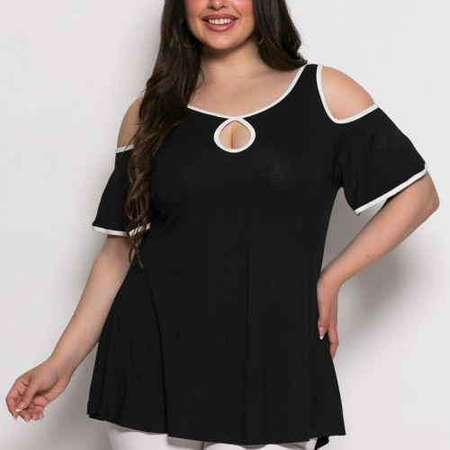 Plus Size Μπλούζα Illusion Μαύρο Εκρού