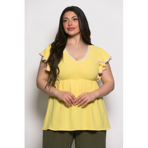 Plus Size Μπλούζα Με Δαντέλα Κίτρινο