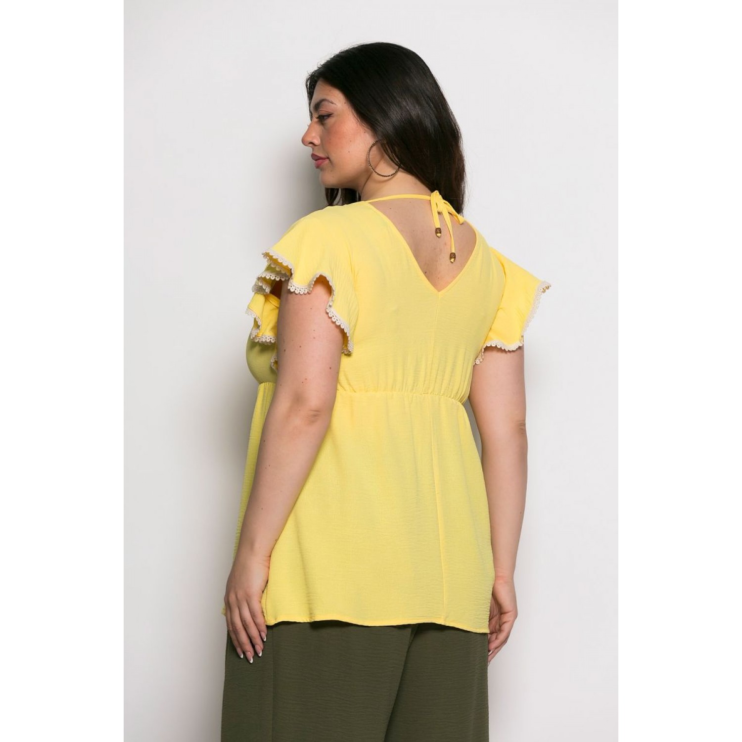 Plus Size Μπλούζα Με Δαντέλα Κίτρινο