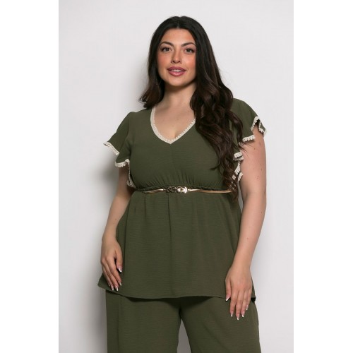Plus Size Μπλούζα Με Δαντέλα Χακί