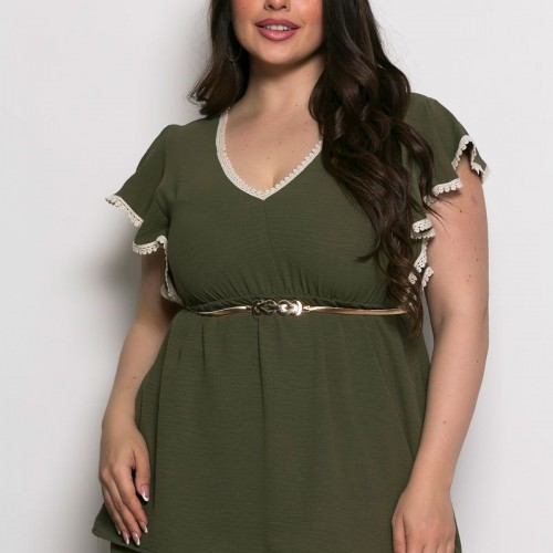 Plus Size Μπλούζα Με Δαντέλα Χακί